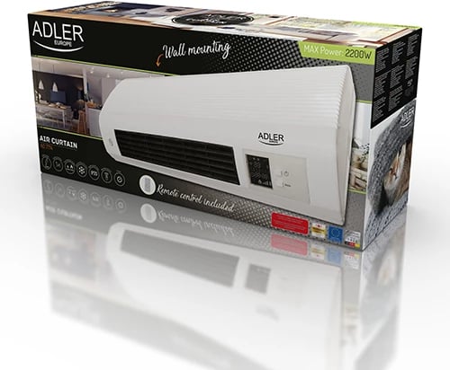 Perde ajri ngrohëse Adler AD 7714, 2200W max, 2 nivele 1000/2000W, element qeramik, termostat 7–38°C, kohëmatës javor, telekomandë, montim muri, bardhë