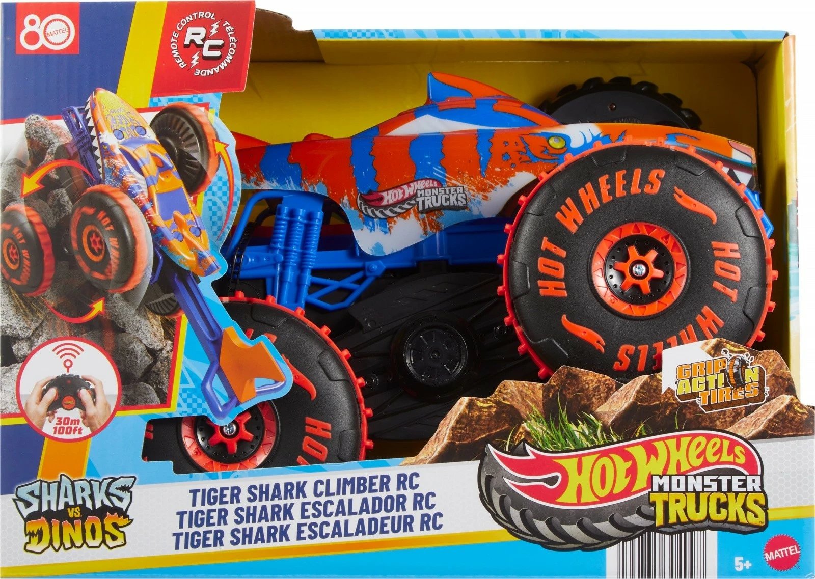 Makine me telekomandë RC, Hot Wheels Tiger Shark Climber JFR39, shkallë 1:15, bateri e integruar, blu/portokalli