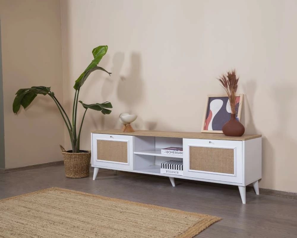 Komodë TV Skye Decor, montim, e bardhë, lis