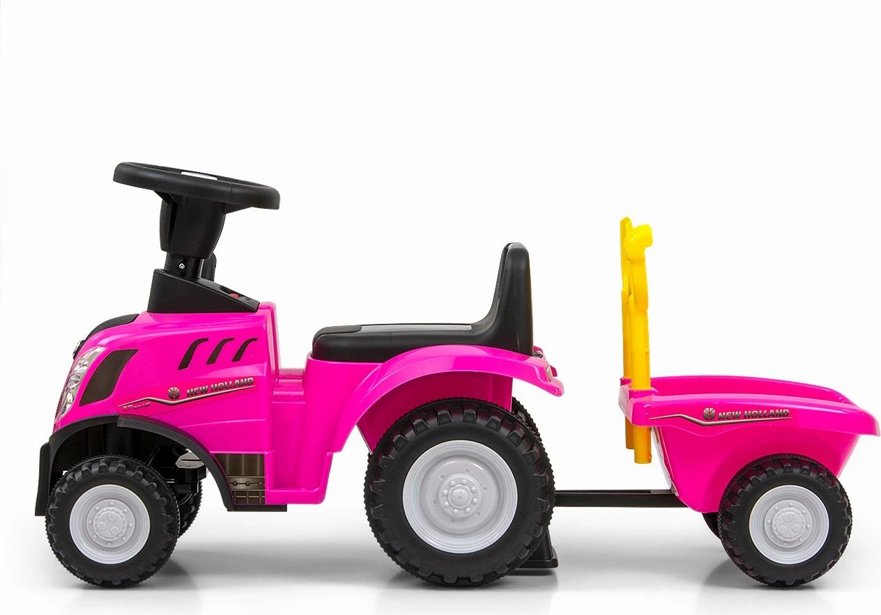 Traktor ride-on Milly Mally New Holland T7, me rimorkio dhe vegla, drita dhe zëra, 2xAA, moshë 12-36 muaj, rozë