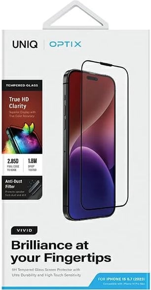 Xham mbrojtës UNIQ Optix Vivid për iPhone 15 Plus / 14 Pro Max me aplikator