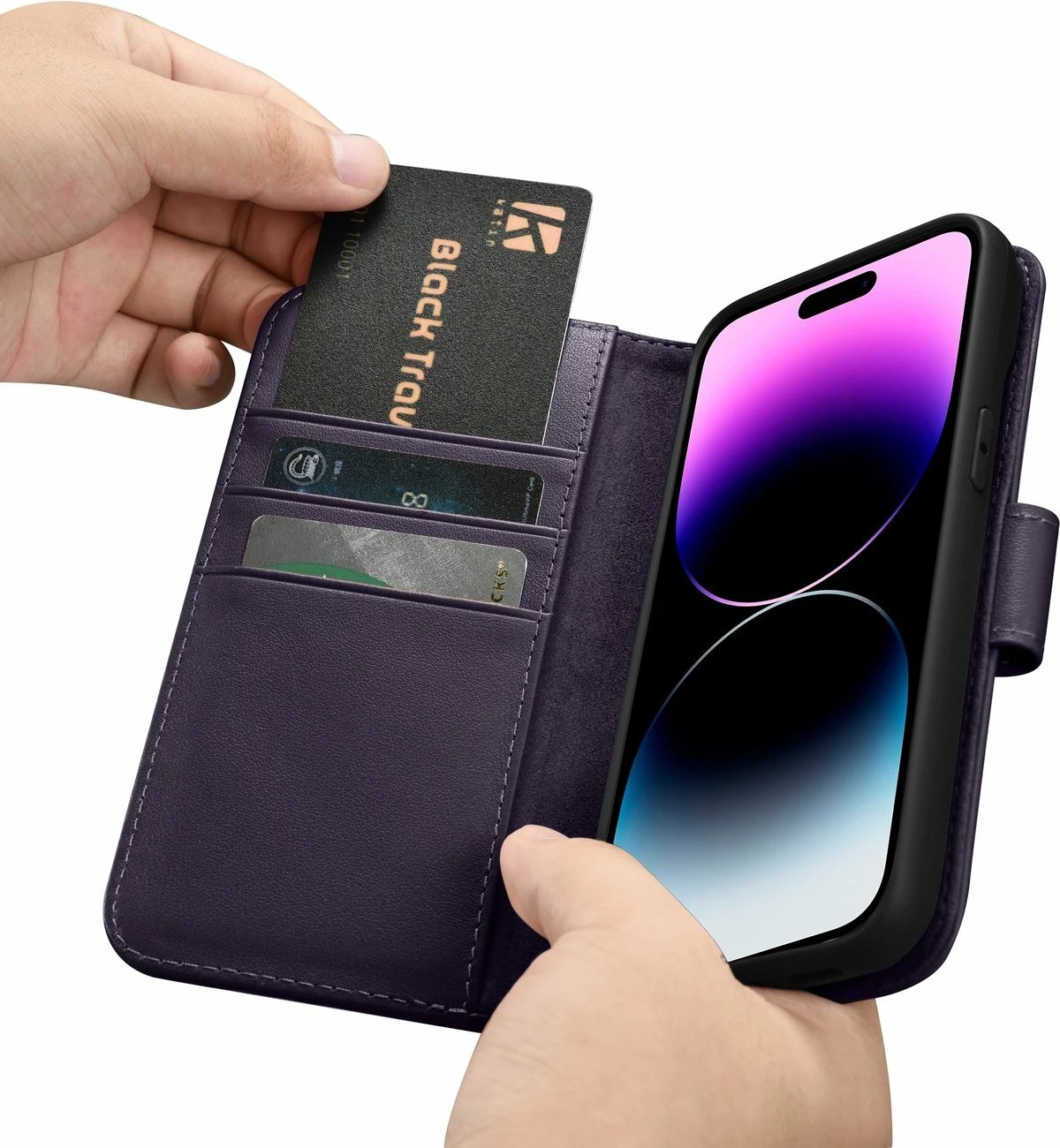 Mbështjellës iCarer Wallet Case 2in1 për iPhone 14 Pro Max, lëkurë natyrale, Anti-RFID, Vjollcë e errët
