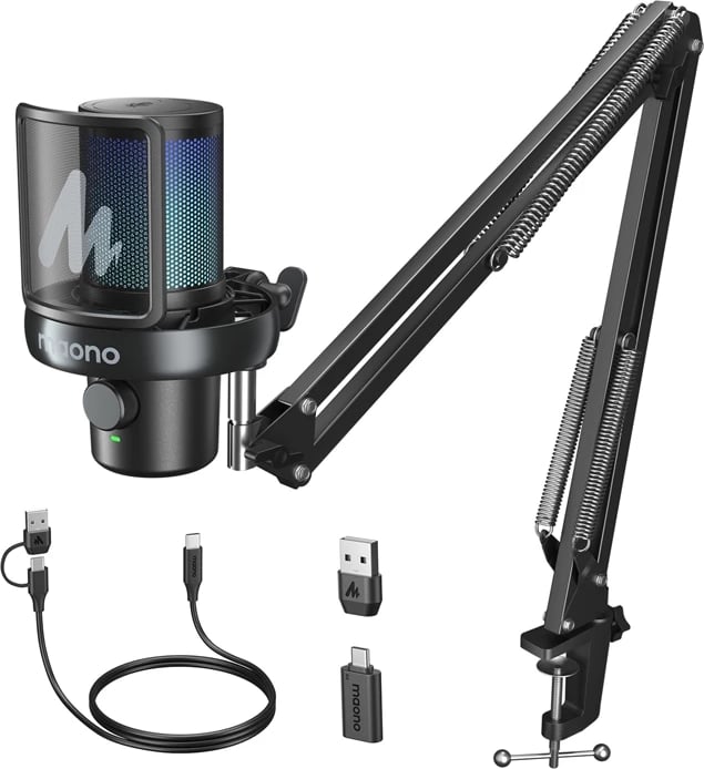 Mikrofon Maono DM40 S Pro wireless me boom arm, AI Voice Changer, RGB, i zi