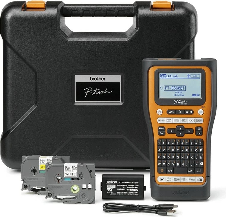 Printer etiketash Brother P-Touch E560BTVP, Bluetooth, bateri e integrume, portokalli Printer etiketash Brother P-Touch E560BTVP, Bluetooth, bateri e integrume, portokalli