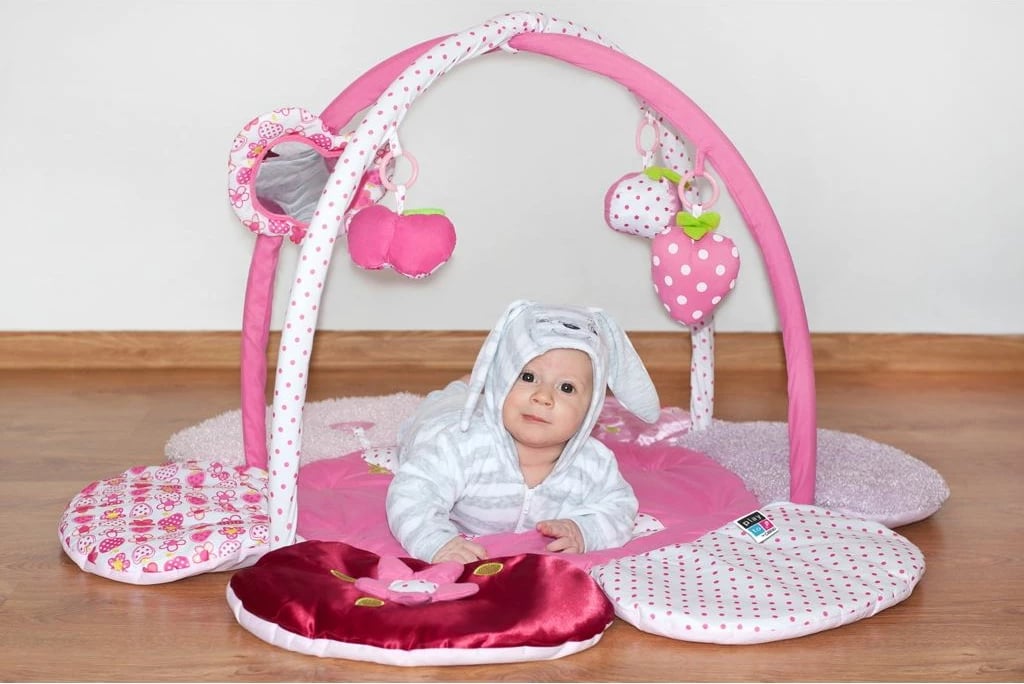 Tapet loje për bebe me hark, PLAYTO Flower Play Blanket, Ø 100 cm, me lodra të shkëputshme, 3m+, rozë