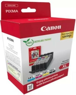 Kaseta boje Canon CLI-581XL multipak me letër foto, për PIXMA, 4 ngjyra + 50 fletë