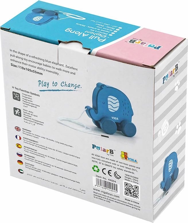 Lodër tërheqëse me litar, Viga, Elephant, dru ahu, për 18+ muaj, blu