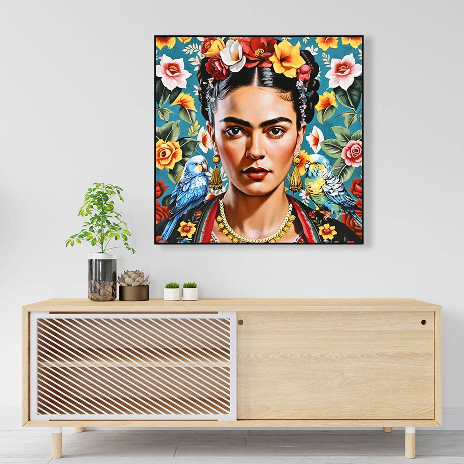 Pikturë muri FH4567, kornizë PS e zezë, kanavacë e printuar, fytyrë gruaje & papagaj, 82x4.5x82 cm