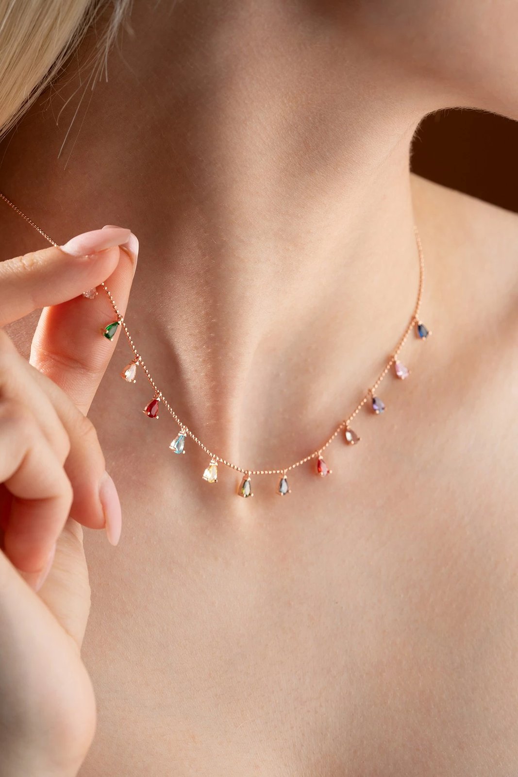 Qafore argjendi, ngjyrë rozë e artë, gurë shumëngjyrësh, Jumeon NRZ1091