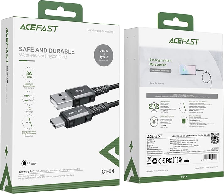 Kabllo USB Acefast C1-04, 1.2m, 3A, QC, e zezë