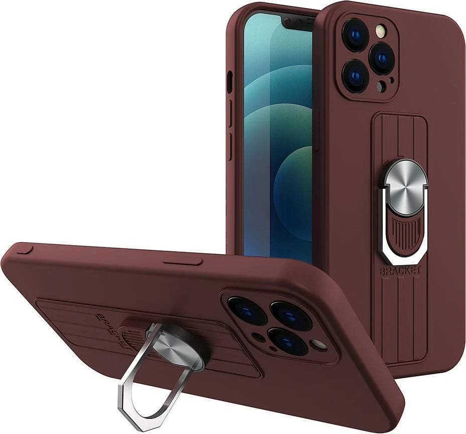 Mbështjellës silikoni Hurtel Ring Case me mbajtëse gishti dhe qëndrim për Samsung Galaxy A22 4G, Kafe