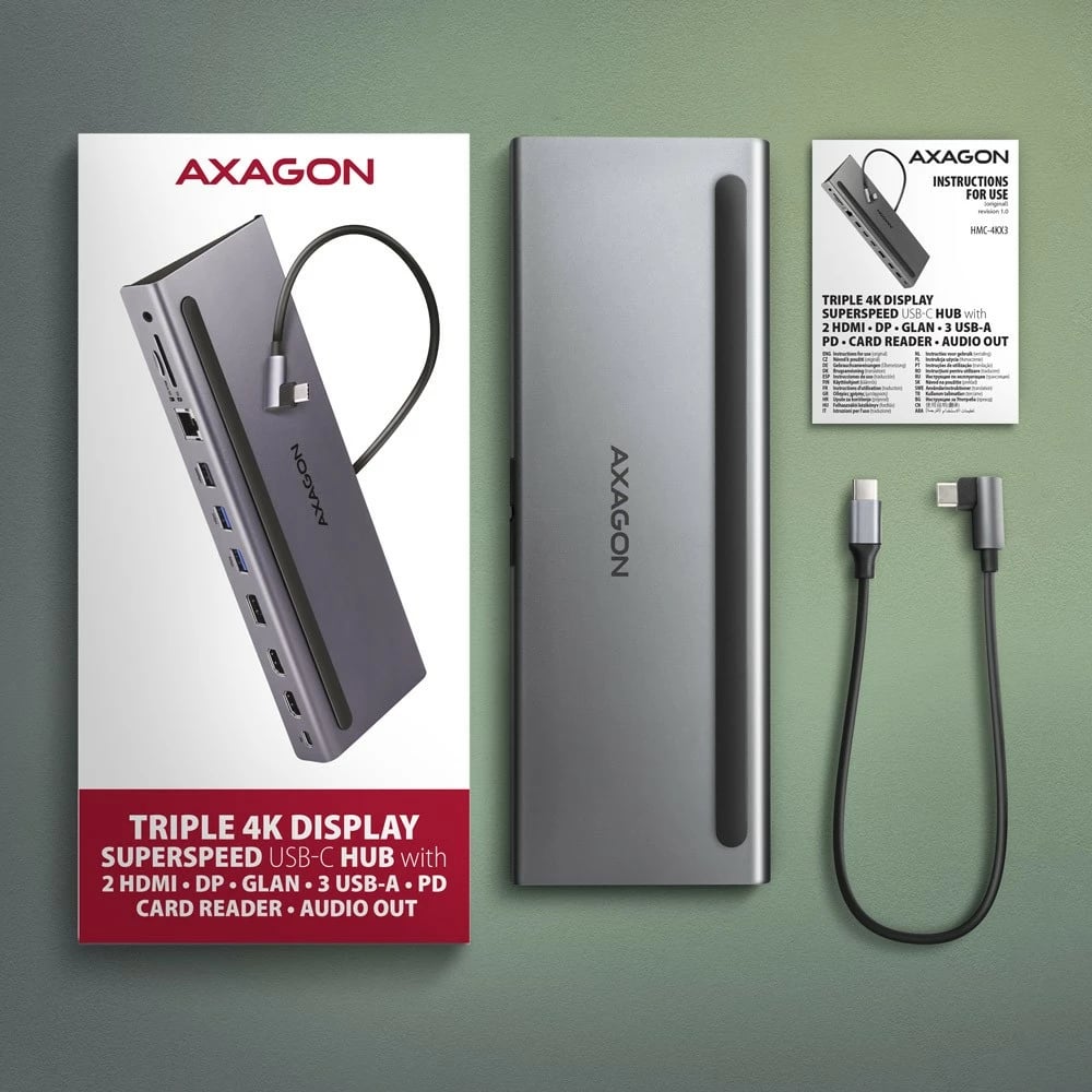 Kasë AXAGON HMC-4KX3 multiport USB 11-në-1, 5Gbps, 3x USB-A, 2x HDMI 4K/60Hz + DP 4K/60Hz + GLAN + SD/microSD + audio, 100W PD, kabllo USB-C 40cm, Gri