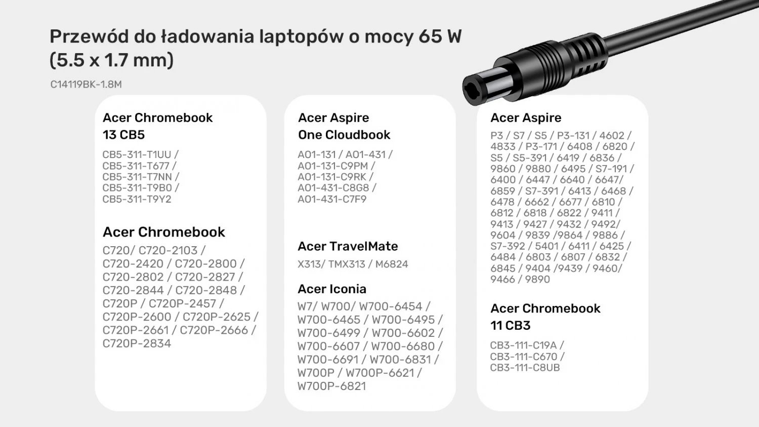 Kabllo furnizimi për laptop Acer Unitek, 65W USB-C - DC5,5, ngjyrë e zezë