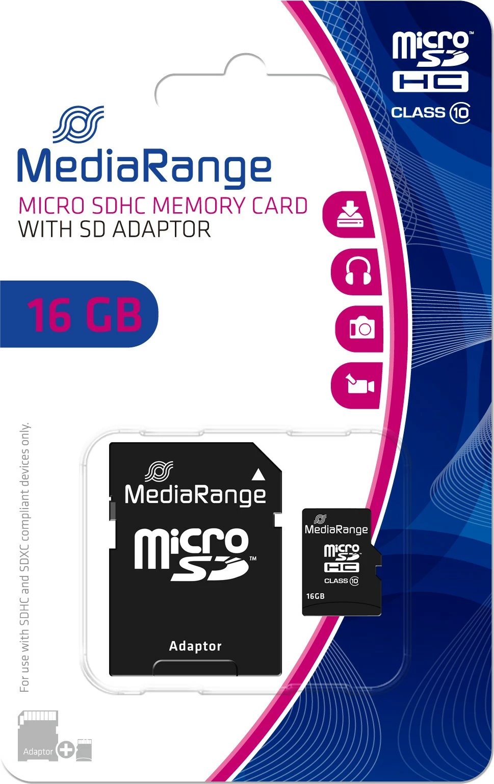 MicroSDHC kartelë MEMORJE MediaRange MR958 16GB Class 10 me adapter SD, e zezë