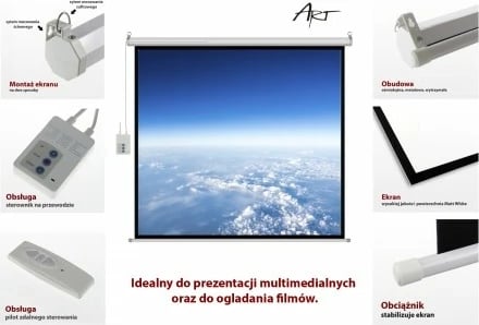 Ekran elektrik projekcioni ART EL F100 4:3, 100 inç, me telekomandë, Bardhë