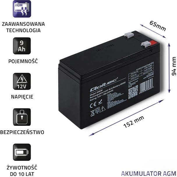 Bateri Qoltec 53031 AGM, 12V,9Ah,e zezë