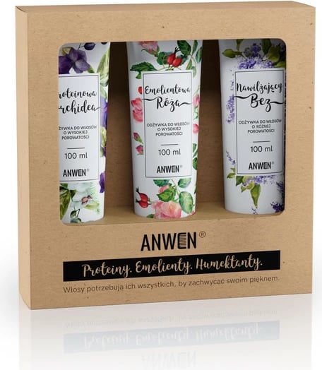 Set balsamësh për flokë Anwen High Porosity Protein Orchid + Emollient Rose + Moisturizing Without për femra, 3x100ml