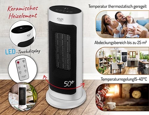 Ngrohës kullë Adler AD 7738, qeramik, 2000W, LED, telekomandë, timer 1-12h, i bardhë