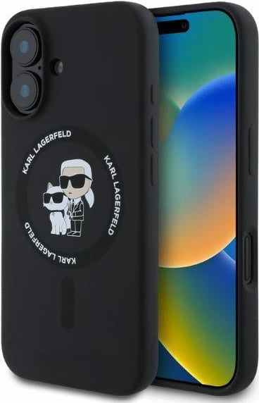 Mbështjellës Karl Lagerfeld Silicone Karl&Choupette Heads Ring MagSafe për iPhone 16, i zi