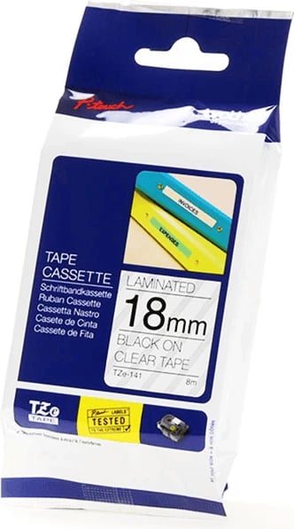 Shirit etiketues, Brother, TZe-141, 18 mm 8 m, i laminuar, i zi në transparent
