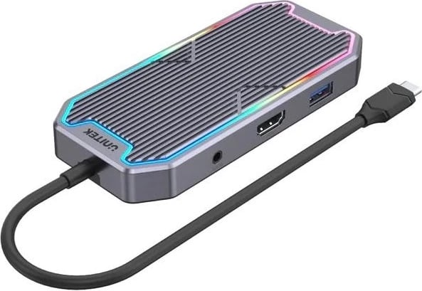 Hub Unitek me USB-C, HDMI, RJ45 dhe audio 3.5mm, gri