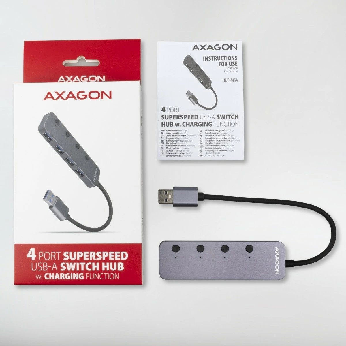 Hub USB AXAGON HUE-MSA, 4 porta, USB 3.2 Gen 1, metal, 20cm, Gri