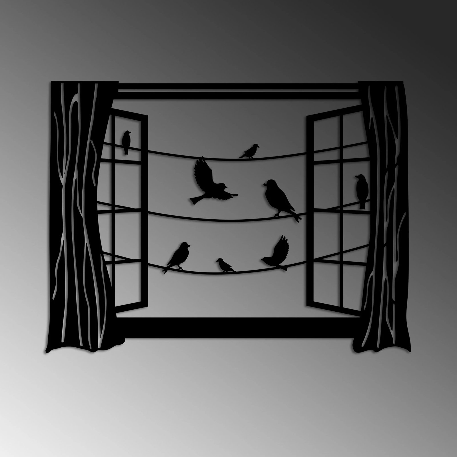 Aksesor dekorativ metalik për mur, zogj para dritares, Wallity