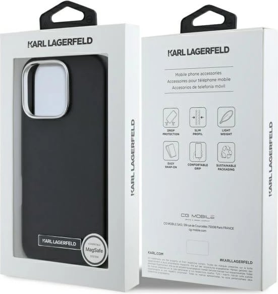 Mbështjellës Karl Lagerfeld FW Metal Plate MagSafe për iPhone 16 Pro, i zi