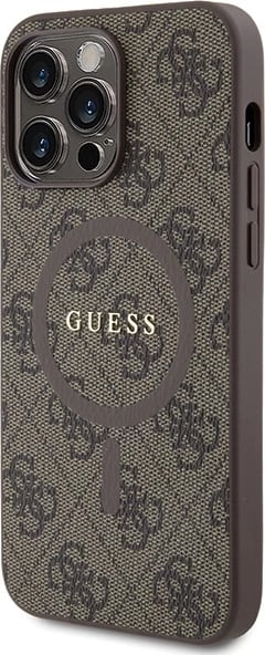 Mbështjellës Guess 4G Collection Leather Metal Logo MagSafe për iPhone 14 Pro Max, Kafe