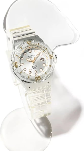 Orë dore CASIO COLLECTION LADY DIVER për femra, e bardhë transparente