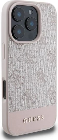 Mbështjellës Guess 4G Bottom Stripe për iPhone 16 Pro 6.3", hardcase TPU/PC me eko-lëkurë, rozë