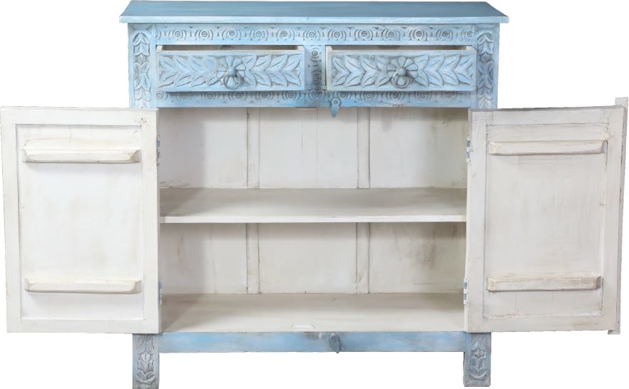 Komodë Sifnos, 2 dyer, 2 sirtarë, ngjyrë kaltër e çelët decape, 90x40x95cm