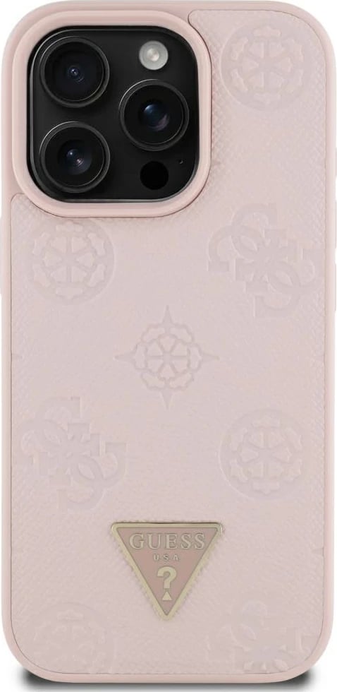 Mbështjellës Guess Grained Hot Stamp Peony Triangle Logo MagSafe për iPhone 16 Pro Max, Rozë