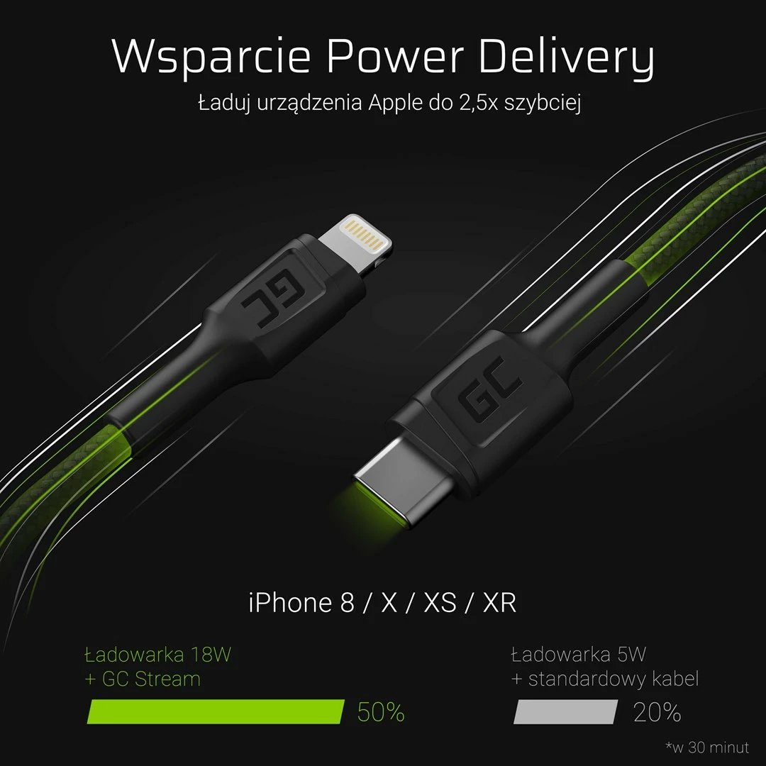 Kabllo Green Cell KABGC07, 1 m, USB-C në Lightning, e zezë