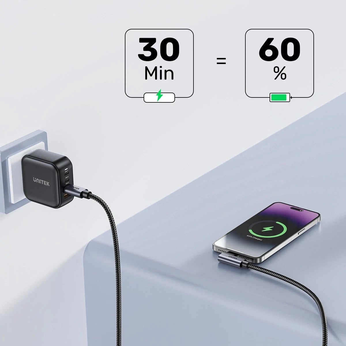 Kabëll USB-C Unitek, 90° PD100W, 1m, zi-gri Kabëll USB-C Unitek, 90° PD100W, 1m, zi-gri