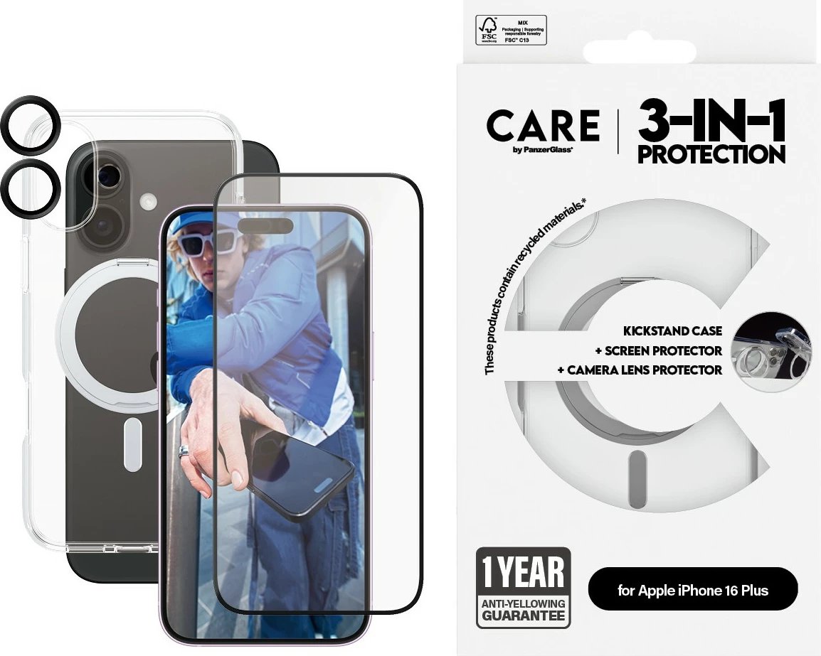 Mbështjellës PanzerGlass për iPhone 16 Plus, 3-në-1, transparent