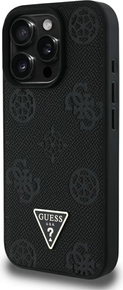 Mbështjellës Guess Grained Hot Stamp Peony Triangle Logo MagSafe për iPhone 16 Pro Max, i zi