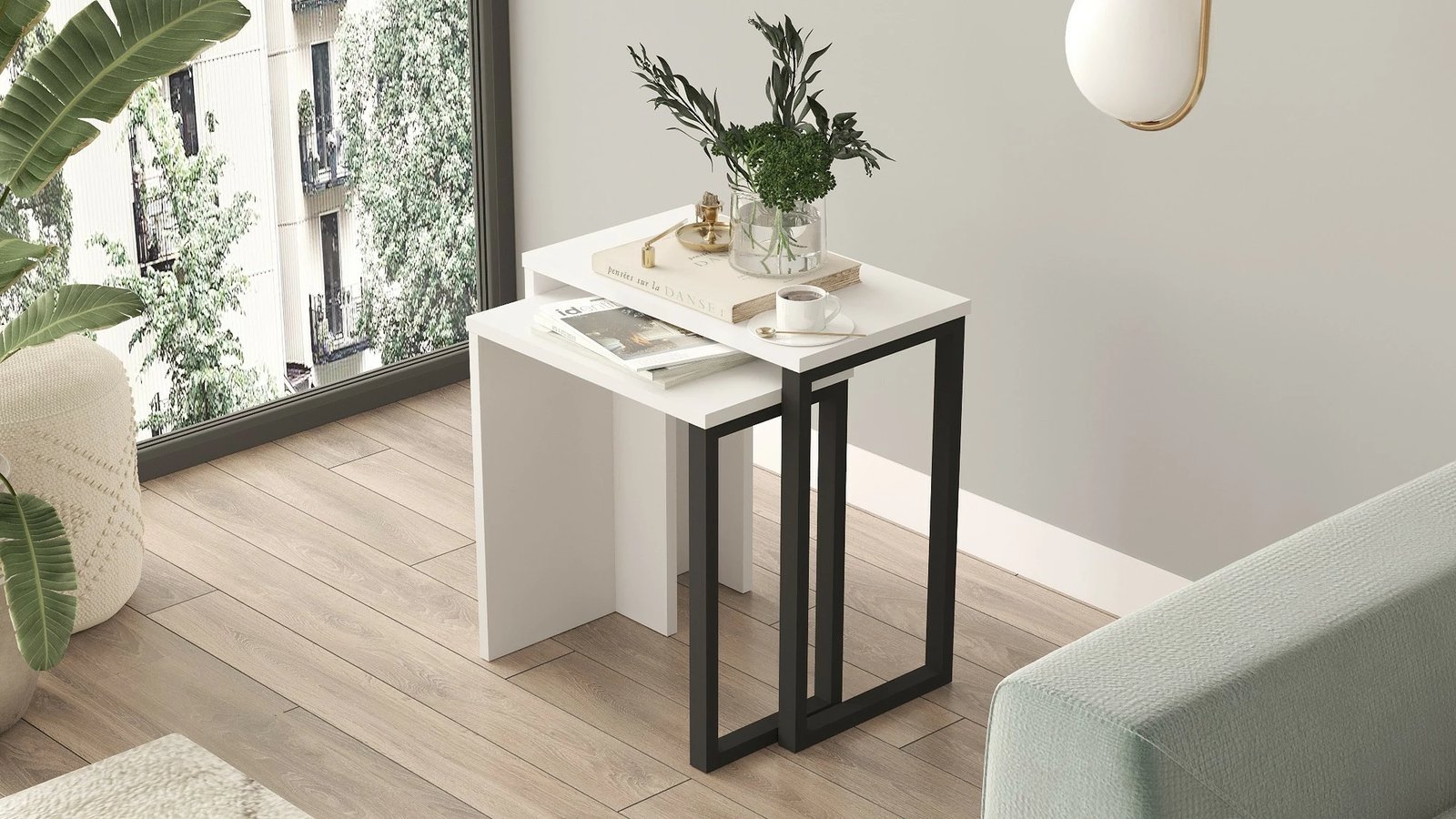 Tavolina ndihmëse të vendosshme (2 copë), ngjyrë e bardhë, Skye Decor, On7-W