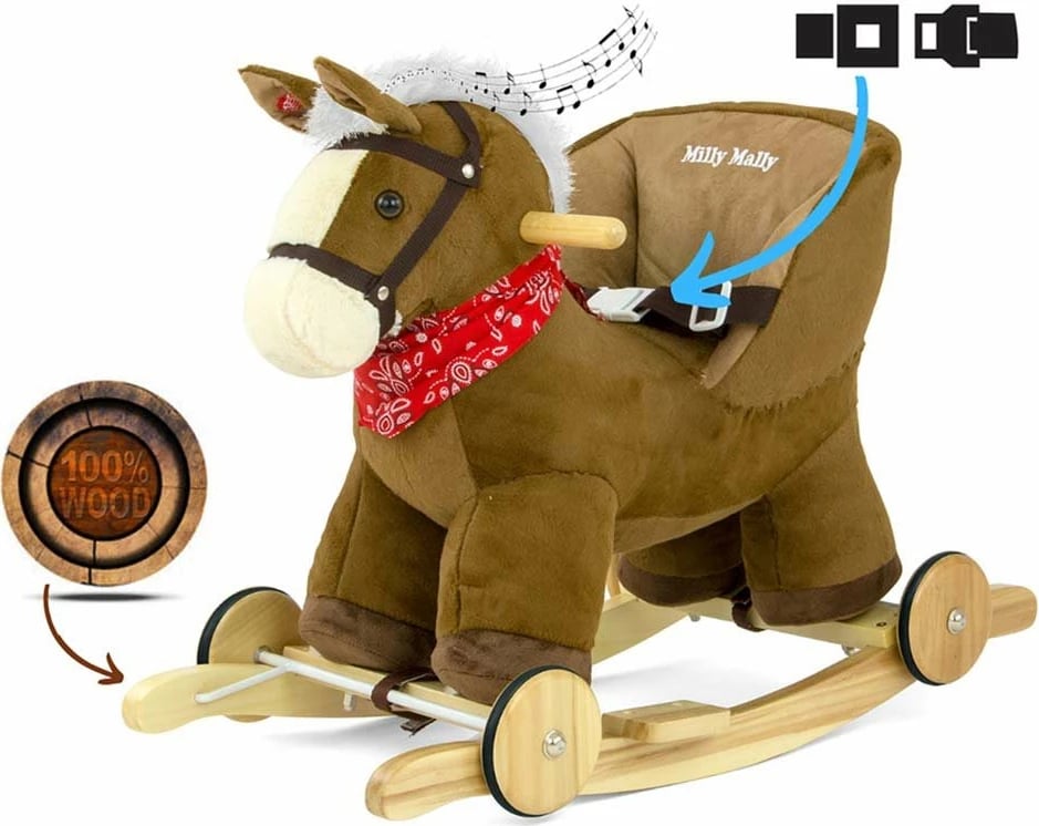 Kalë lëkundës 2-në-1 me rrota, Milly Mally Polly, me tinguj, 12–36 muaj, deri 30 kg, kafe