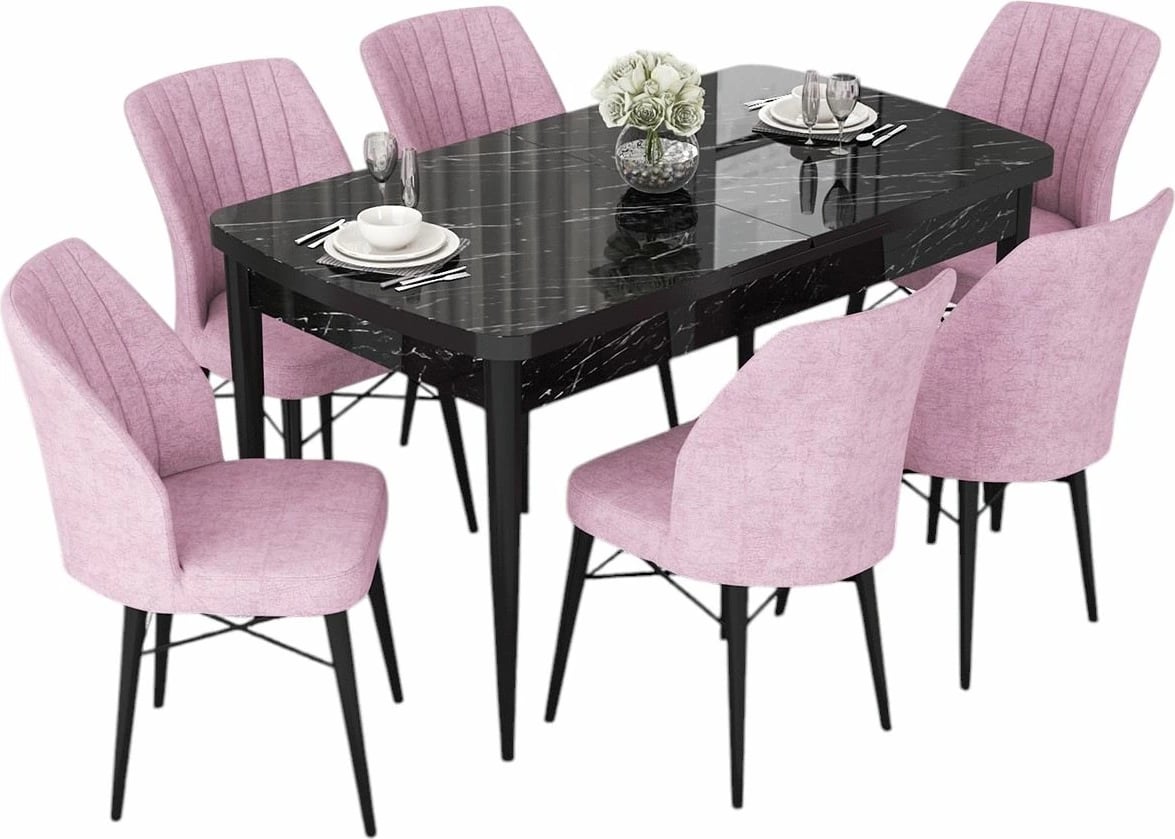 Tavolinë me karrige, zgjatshme, 7 copë, ngjyrë mermeri të zi dhe rozë, Skye Decor