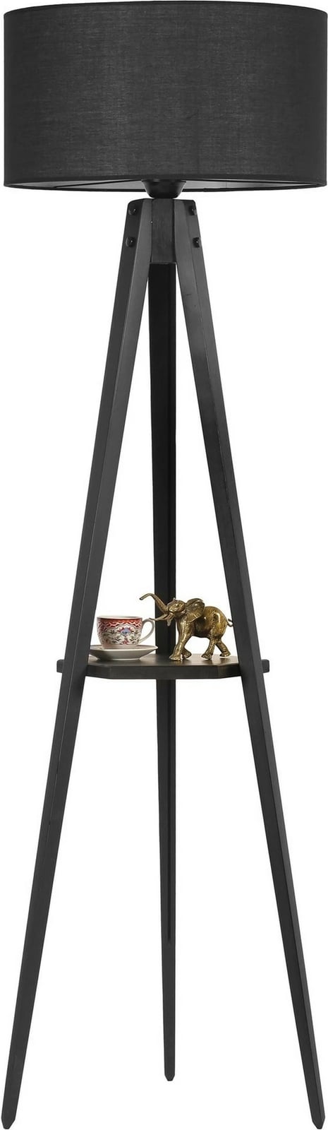 Llambë dyshemeje Opviq, tripod me rafte, abazhuri cilindrik i zi