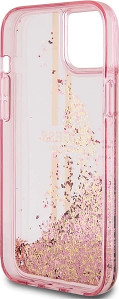 Mbështjellës Guess Liquid Glitter Gold Stripes për iPhone 15 Plus / 14 Plus, Rozë