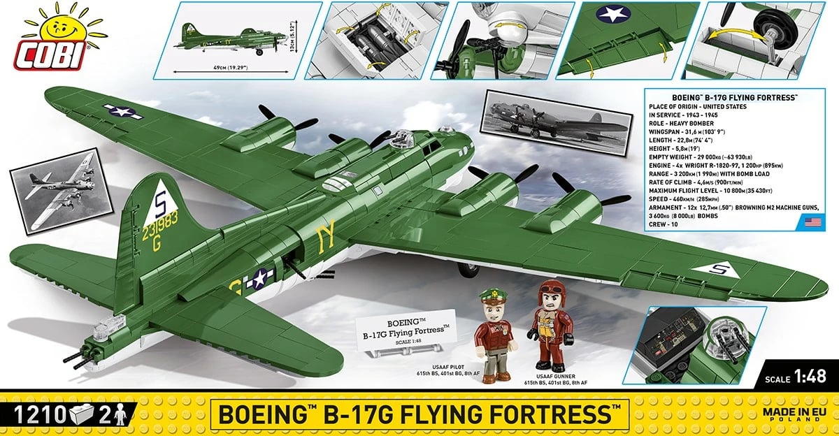Set blloqesh ndërtimi Cobi Klocki Boeing B-17G Flying Fortress, 1210 pjesë, 2 figurina, Jeshile Set blloqesh ndërtimi Cobi Klocki Boeing B-17G Flying Fortress, 1210 pjesë, 2 figurina, Jeshile