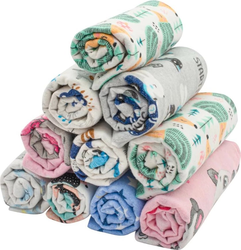 Pelenë flanele bebe, NEW BABY, 70x80 cm, 100% pambuk, me print, set 10 copë, ngjyrat sipas fotos