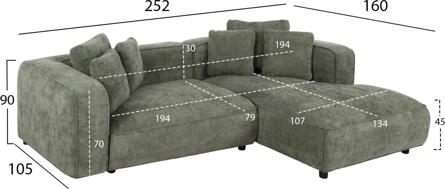 Divan qoshe 3-vendësh GRACE FH3280.05R pëlhurë jeshile 252x105-160x70-90Hcm
