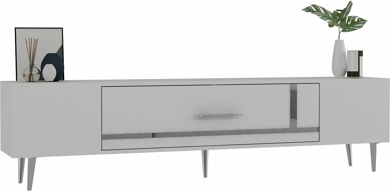 Komodë TV Skye Decor, e bardhë, argjendtë, Dekop1
