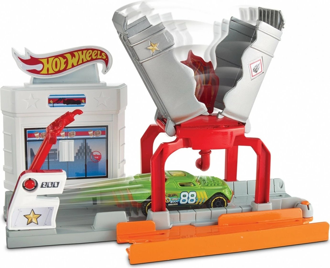 Set lodrash Hot Wheels Blaze Blast, me veturë lodër, plastikë, gri/portokalli/e kuqe