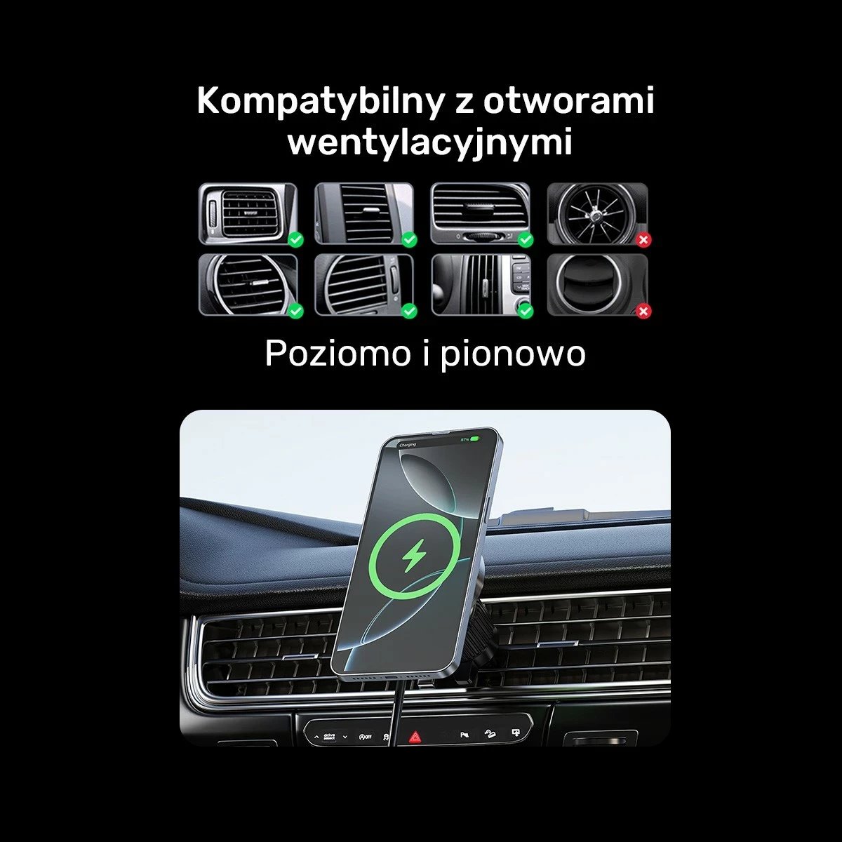 Mbajtës veture Unitek 38W Qi2, karikues wireless, USB Type C, i zi