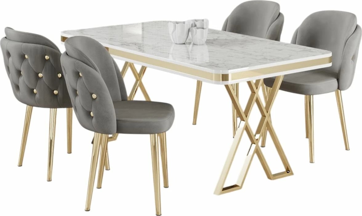Tavolinë me karrige, 5 copë, Skye Decor Rigel, e bardhë, ari, gri