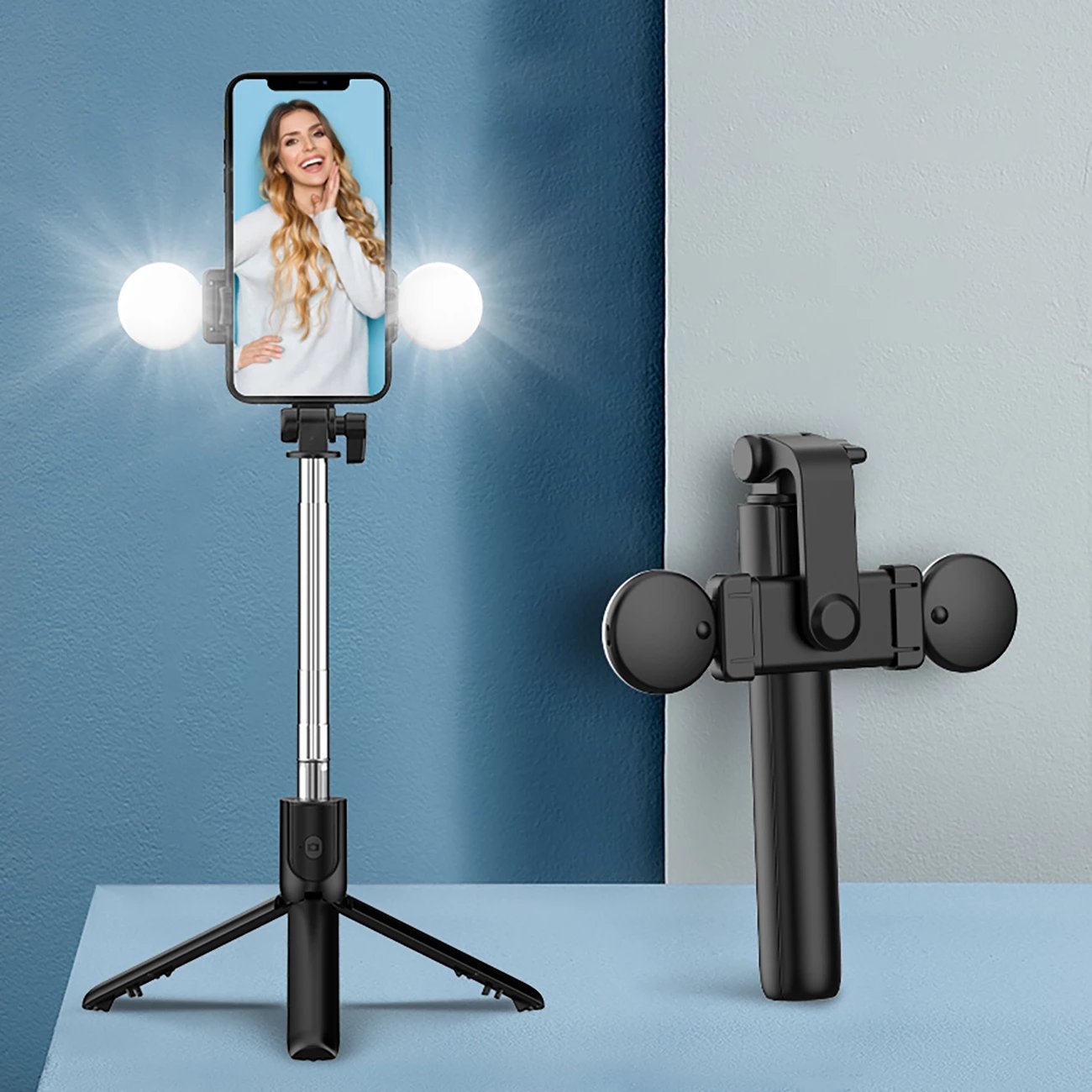 Selfie stick Hurtel WR1YXS me tripod teleskopik, llambë LED, Bluetooth, 71 cm, e zezë